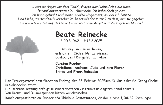 Traueranzeige von Beate Reinecke 