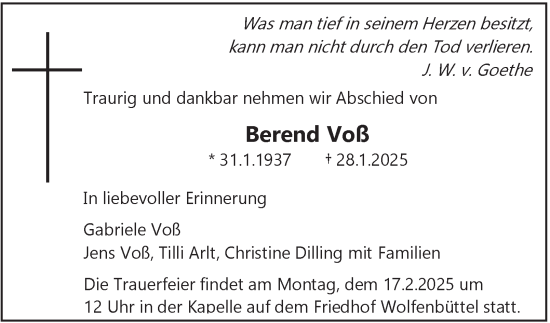Traueranzeige von Berend Voß von Wolfenbütteler Zeitung