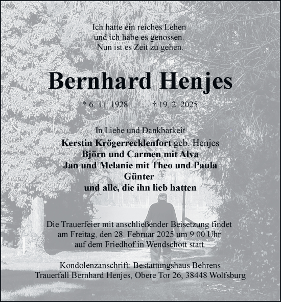 Traueranzeige von Bernhard Henjes 