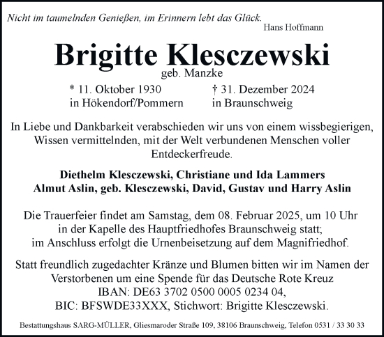 Traueranzeige von Brigitte Klesczewski 