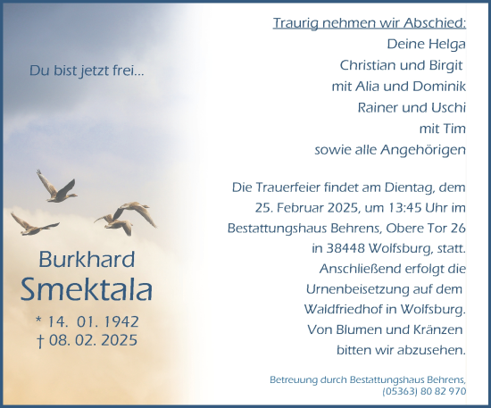 Traueranzeige von Burkhard Smektala 
