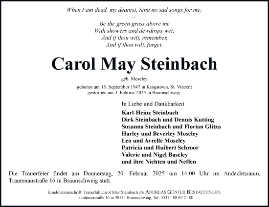 Traueranzeige von Carol May Steinbach 