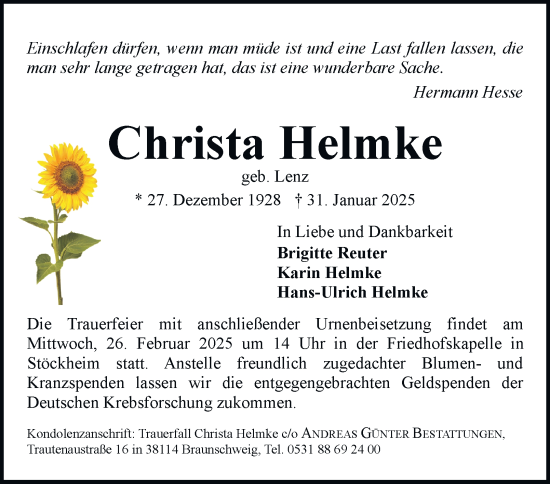 Traueranzeige von Christa Helmke 