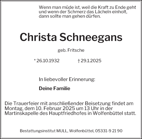Traueranzeige von Christa Schneegans von Wolfenbütteler Zeitung