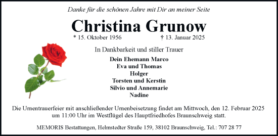 Traueranzeige von Christina Grunow 