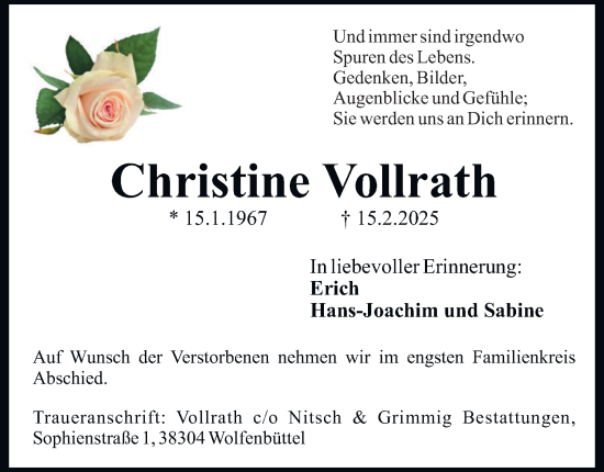 Traueranzeige von Christine Vollrath von Wolfenbütteler Zeitung