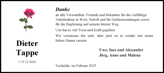 Traueranzeige von Dieter Tappe von Peiner Nachrichten