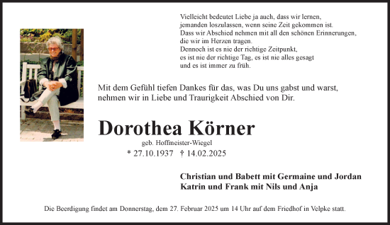 Traueranzeige von Dorothea Körner von Helmstedter Nachrichten