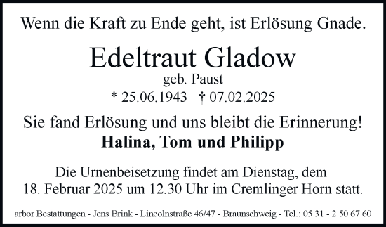 Traueranzeige von Edeltraut Gladow 