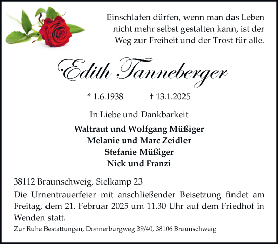 Traueranzeige von Edith Tanneberger 