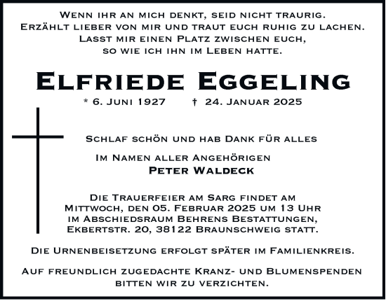 Traueranzeige von Elfriede Eggeling 