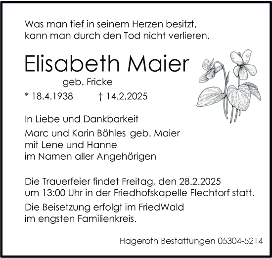 Traueranzeige von Elisabeth Maier von Helmstedter Nachrichten