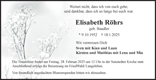 Traueranzeige von Elisabeth Röhrs von Helmstedter Nachrichten