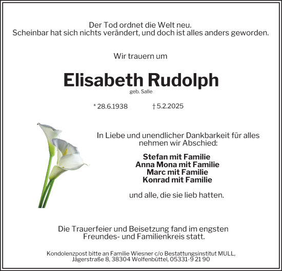 Traueranzeige von Elisabeth Rudolph 