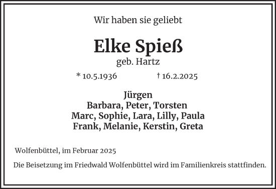 Traueranzeige von Elke Spieß von Wolfenbütteler Zeitung