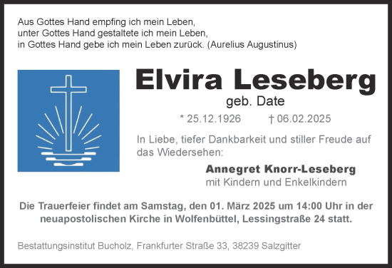 Traueranzeige von Elvira Leseberg von Salzgitter-Zeitung