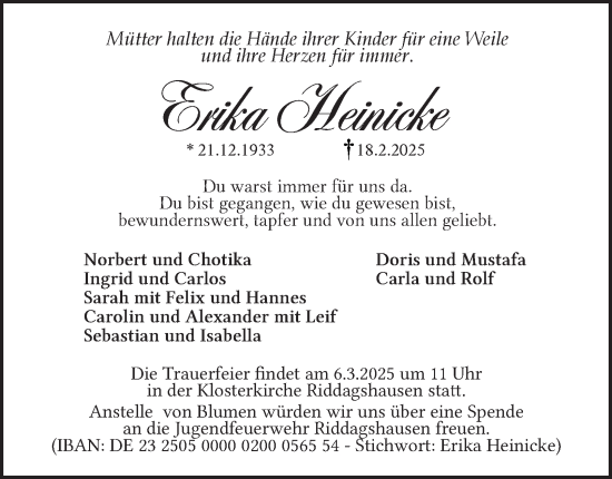 Traueranzeige von Erika Heinicke 