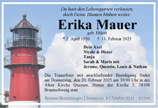 Traueranzeige von Erika Mauer 