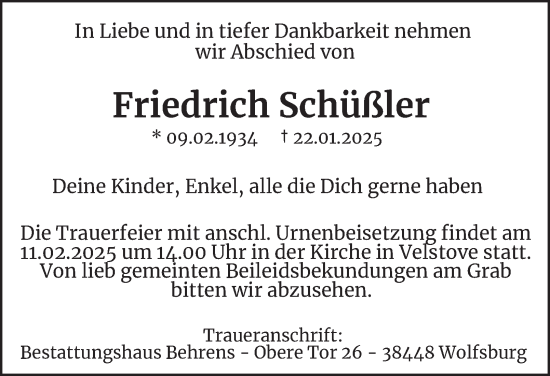 Traueranzeige von Friedrich Schüßler 