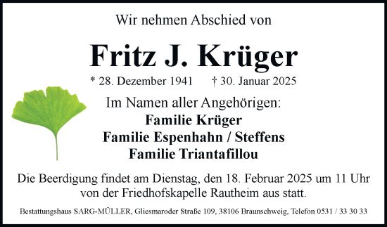 Traueranzeige von Fritz J. Krüger 