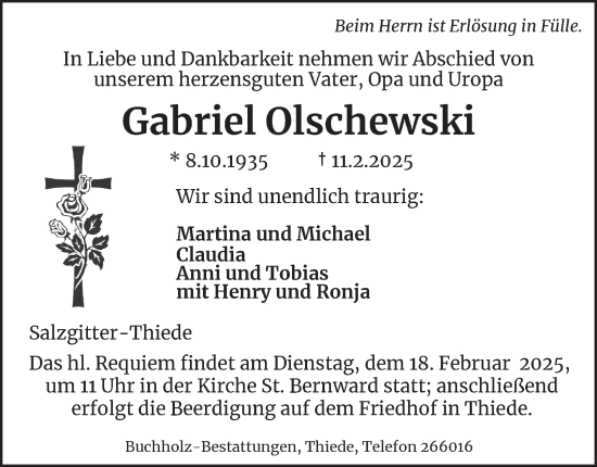 Traueranzeige von Gabriel Olschewski von Salzgitter-Zeitung