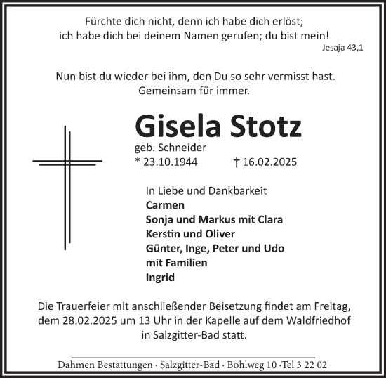 Traueranzeige von Gisela Stotz von Salzgitter-Zeitung