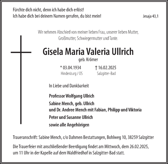 Traueranzeige von Gisela Maria Valeria Ullrich von Salzgitter-Zeitung