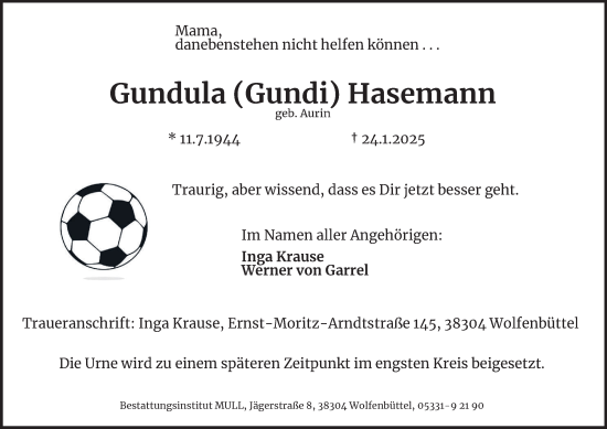 Traueranzeige von Gundula Hasemann von Wolfenbütteler Zeitung