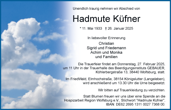 Traueranzeige von Hadmute Küfner 