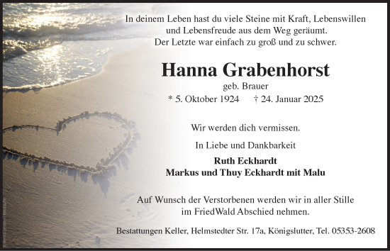 Traueranzeige von Hanna Grabenhorst von Helmstedter Nachrichten