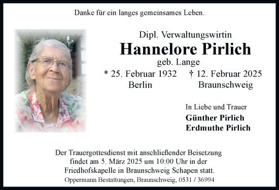 Traueranzeige von Hannelore Pirlich 