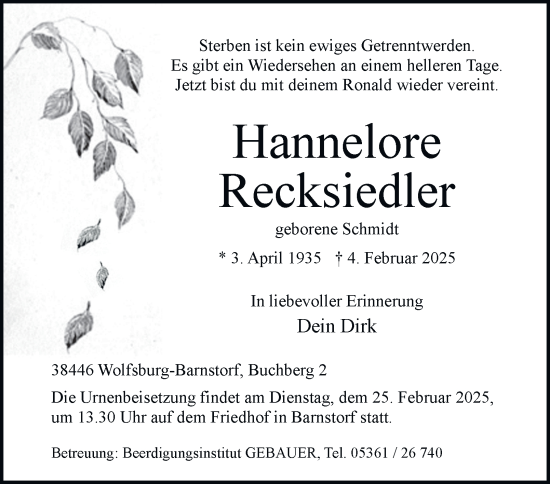 Traueranzeige von Hannelore Recksiedler 