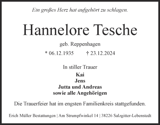 Traueranzeige von Hannelore Tesche 