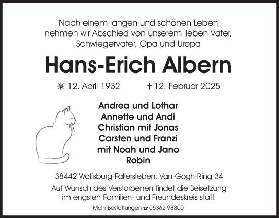 Traueranzeige von Hans-Erich Albern 