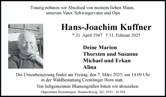 Traueranzeige von Hans-Joachim Kuffner 