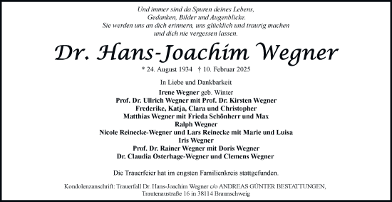 Traueranzeige von Hans-Joachim Wegner 