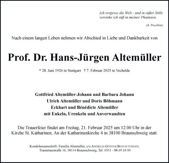 Traueranzeige von Hans-Jürgen Altemüller 