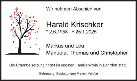 Traueranzeige von Harald Krischker von Helmstedter Nachrichten