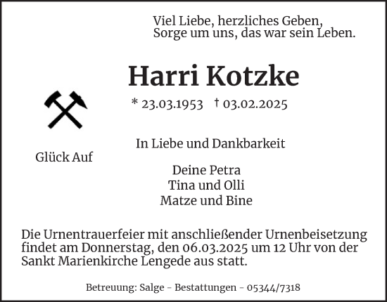 Traueranzeige von Harri Kotzke von Peiner Nachrichten