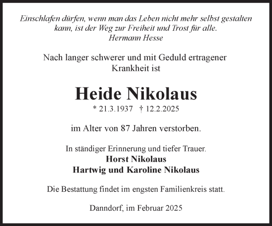 Traueranzeige von Heide Nikolaus 