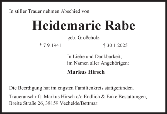 Traueranzeige von Heidemarie Rabe von Neue Braunschweiger am Samstag