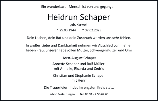 Traueranzeige von Heidrun Schaper 
