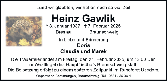 Traueranzeige von Heinz Gawlik 