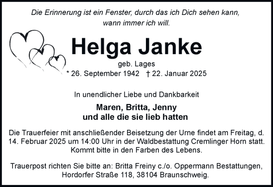 Traueranzeige von Helga Janke 