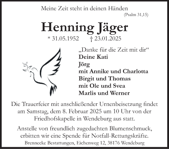 Traueranzeige von Henning Jäger von Peiner Nachrichten