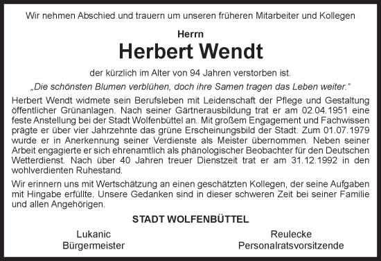 Traueranzeige von Herbert Wendt von Wolfenbütteler Zeitung