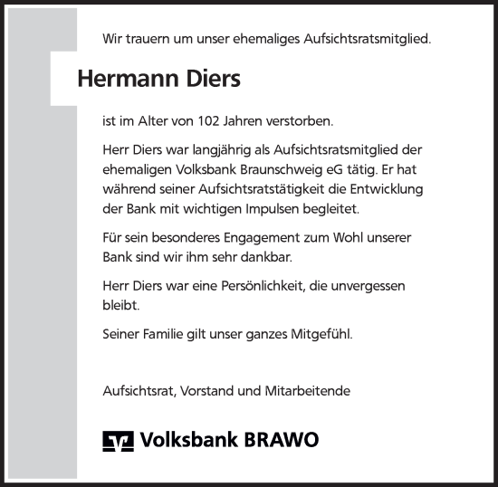Traueranzeige von Hermann Diers 