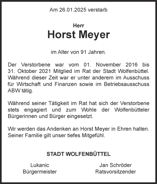Traueranzeige von Horst Meyer von Wolfenbütteler Zeitung