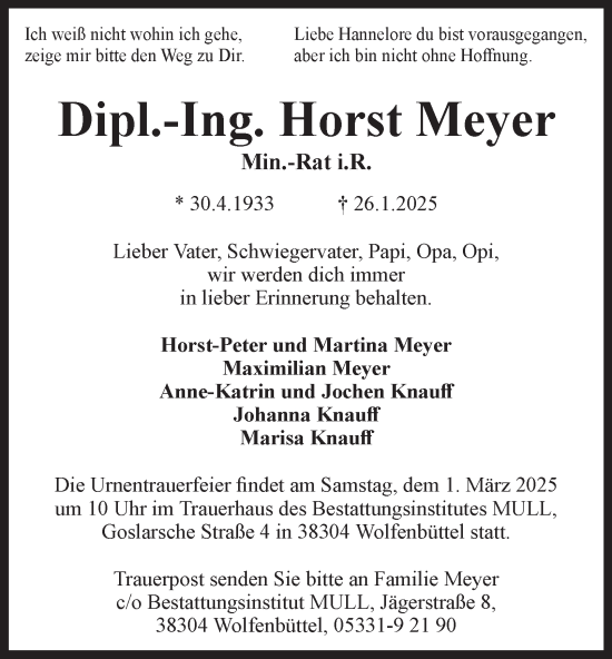 Traueranzeige von Horst Meyer von Wolfenbütteler Zeitung