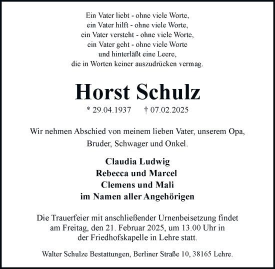 Traueranzeige von Horst Schulz von Helmstedter Nachrichten